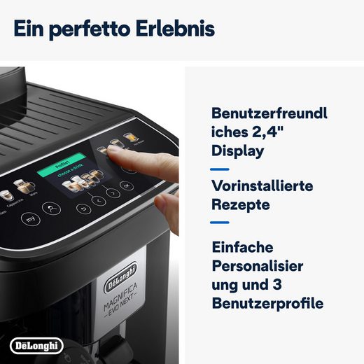 Der Kaffeevollautomat Magnifica Evo Next“ mit der Modellbezeichnung ECAM310.60.B ermöglicht baristaartigen Kaffee per Touchbedienung und ist in der Farbe Schwarz erhältlich