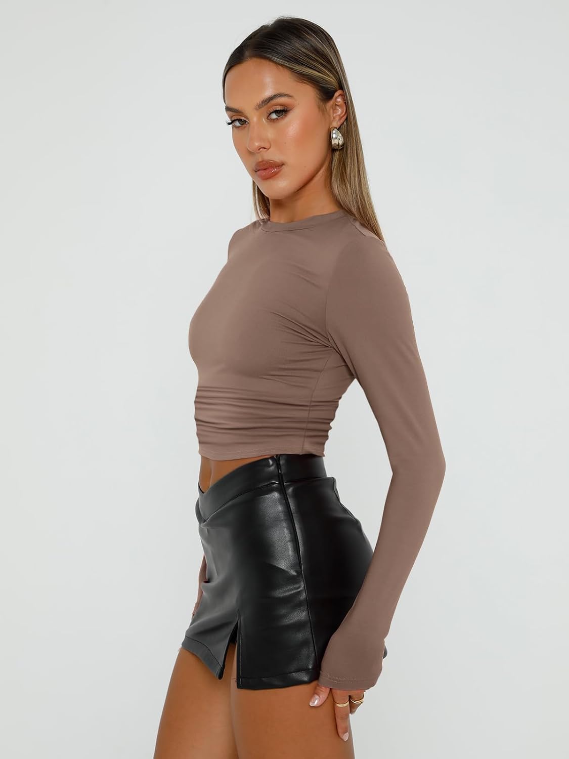 Womens Long Sleeve Shirt Basic Crop Tops Fall Fashion Underscrubs Layer Slim Fit Winter Clothes