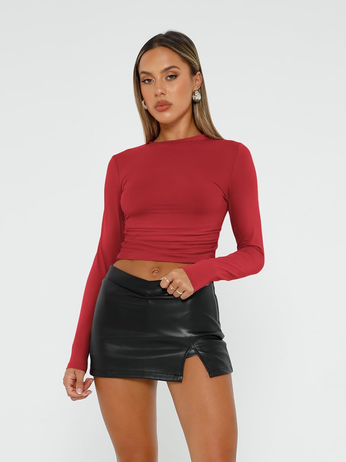 Womens Long Sleeve Shirt Basic Crop Tops Fall Fashion Underscrubs Layer Slim Fit Winter Clothes