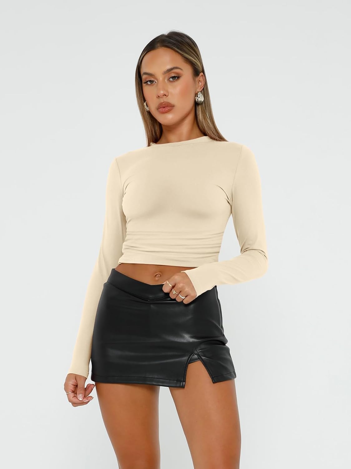 Womens Long Sleeve Shirt Basic Crop Tops Fall Fashion Underscrubs Layer Slim Fit Winter Clothes