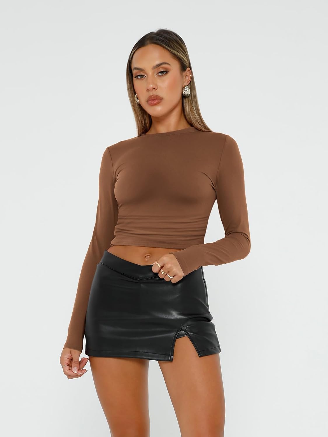 Womens Long Sleeve Shirt Basic Crop Tops Fall Fashion Underscrubs Layer Slim Fit Winter Clothes