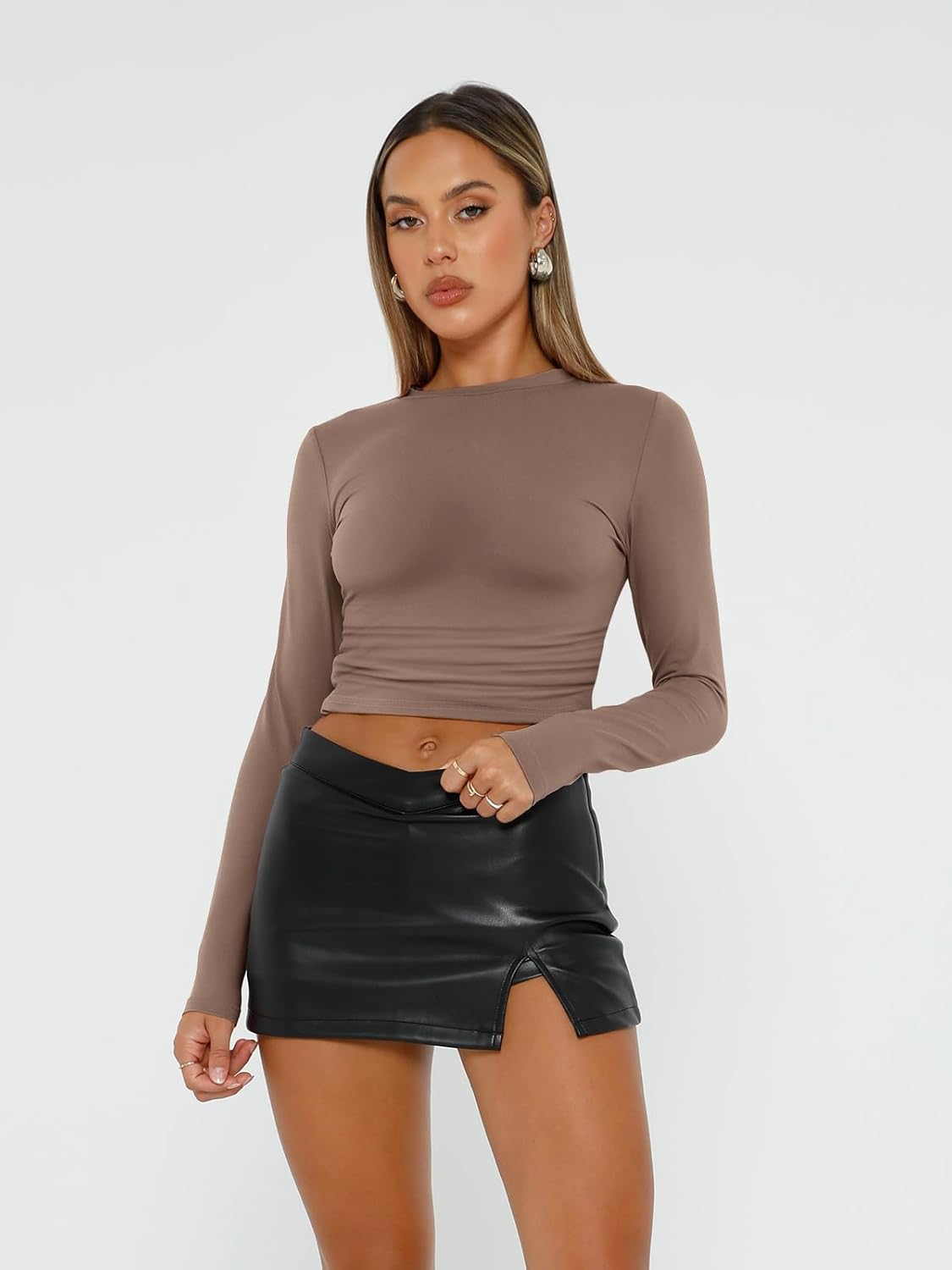 Womens Long Sleeve Shirt Basic Crop Tops Fall Fashion Underscrubs Layer Slim Fit Winter Clothes