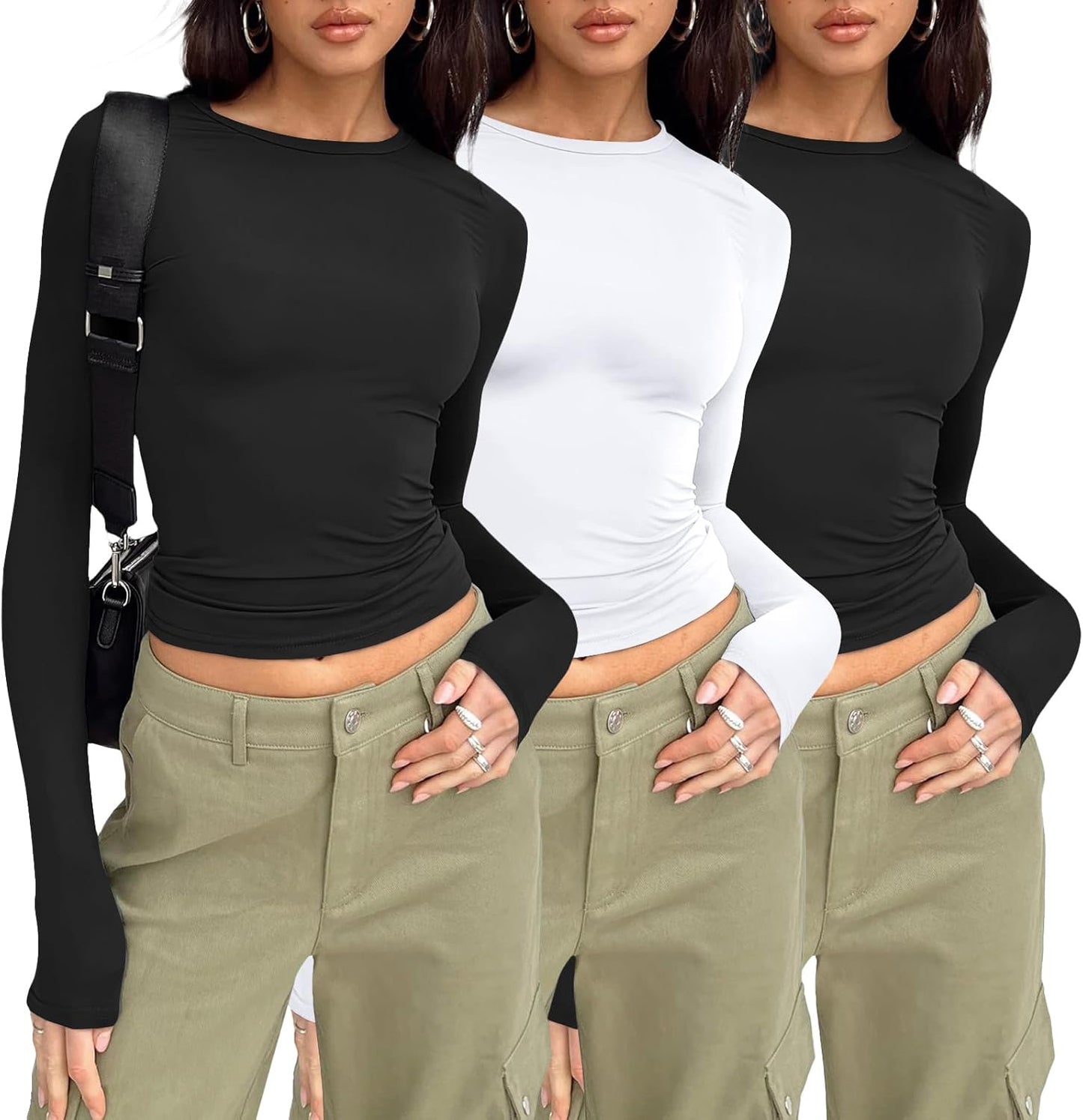Womens Long Sleeve Shirt Basic Crop Tops Fall Fashion Underscrubs Layer Slim Fit Winter Clothes