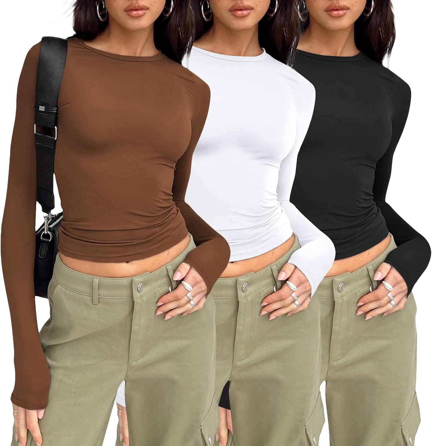 Womens Long Sleeve Shirt Basic Crop Tops Fall Fashion Underscrubs Layer Slim Fit Winter Clothes