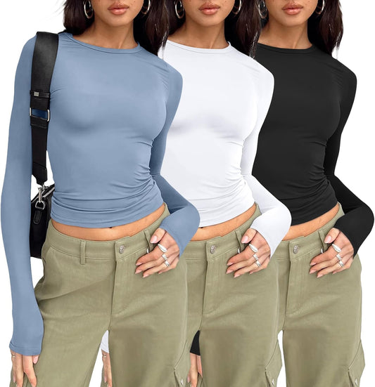 Womens Long Sleeve Shirt Basic Crop Tops Fall Fashion Underscrubs Layer Slim Fit Winter Clothes
