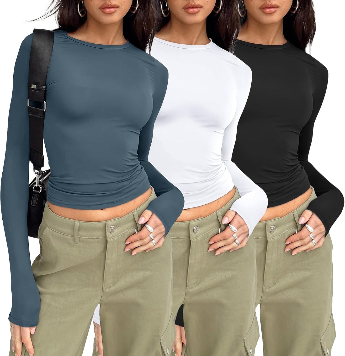 Womens Long Sleeve Shirt Basic Crop Tops Fall Fashion Underscrubs Layer Slim Fit Winter Clothes