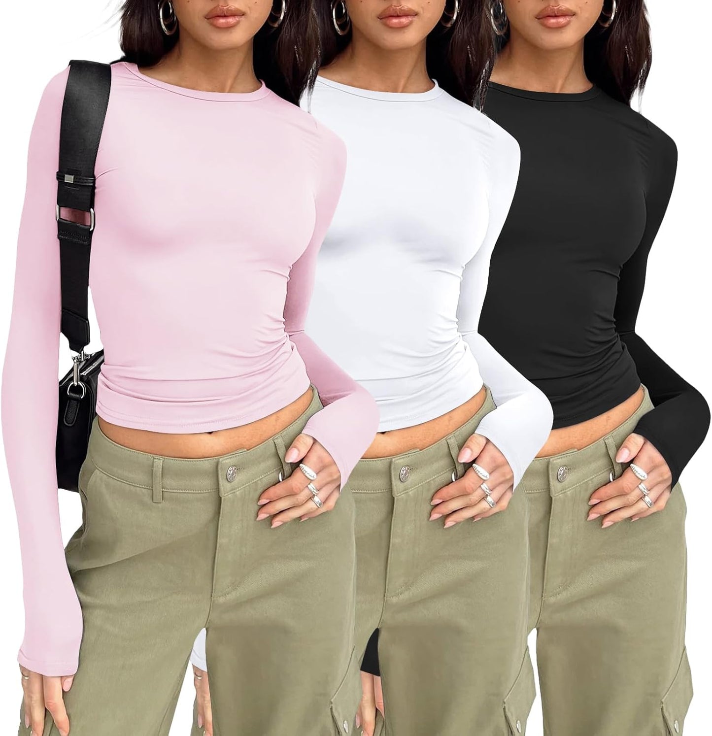 Womens Long Sleeve Shirt Basic Crop Tops Fall Fashion Underscrubs Layer Slim Fit Winter Clothes