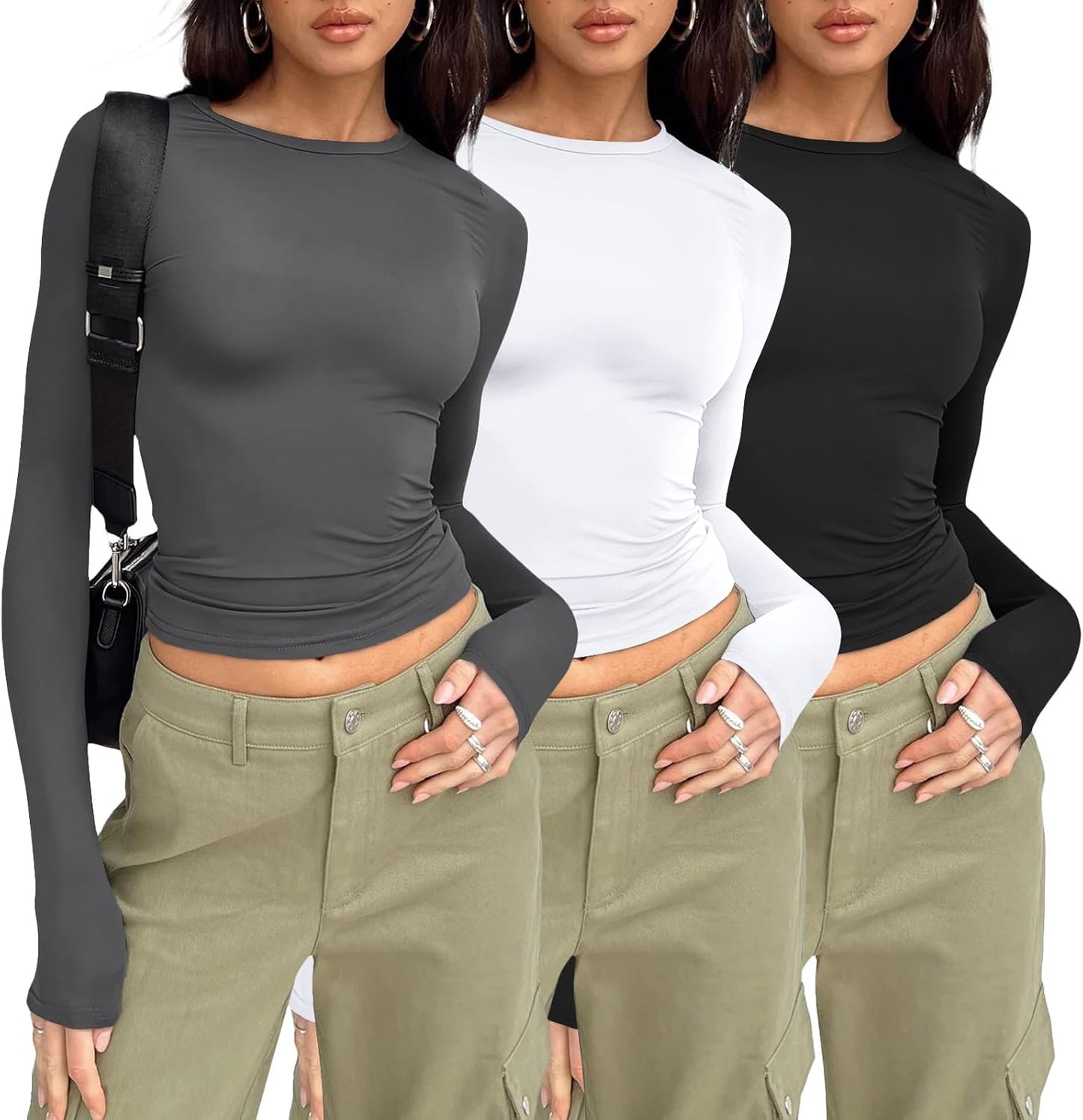 Womens Long Sleeve Shirt Basic Crop Tops Fall Fashion Underscrubs Layer Slim Fit Winter Clothes