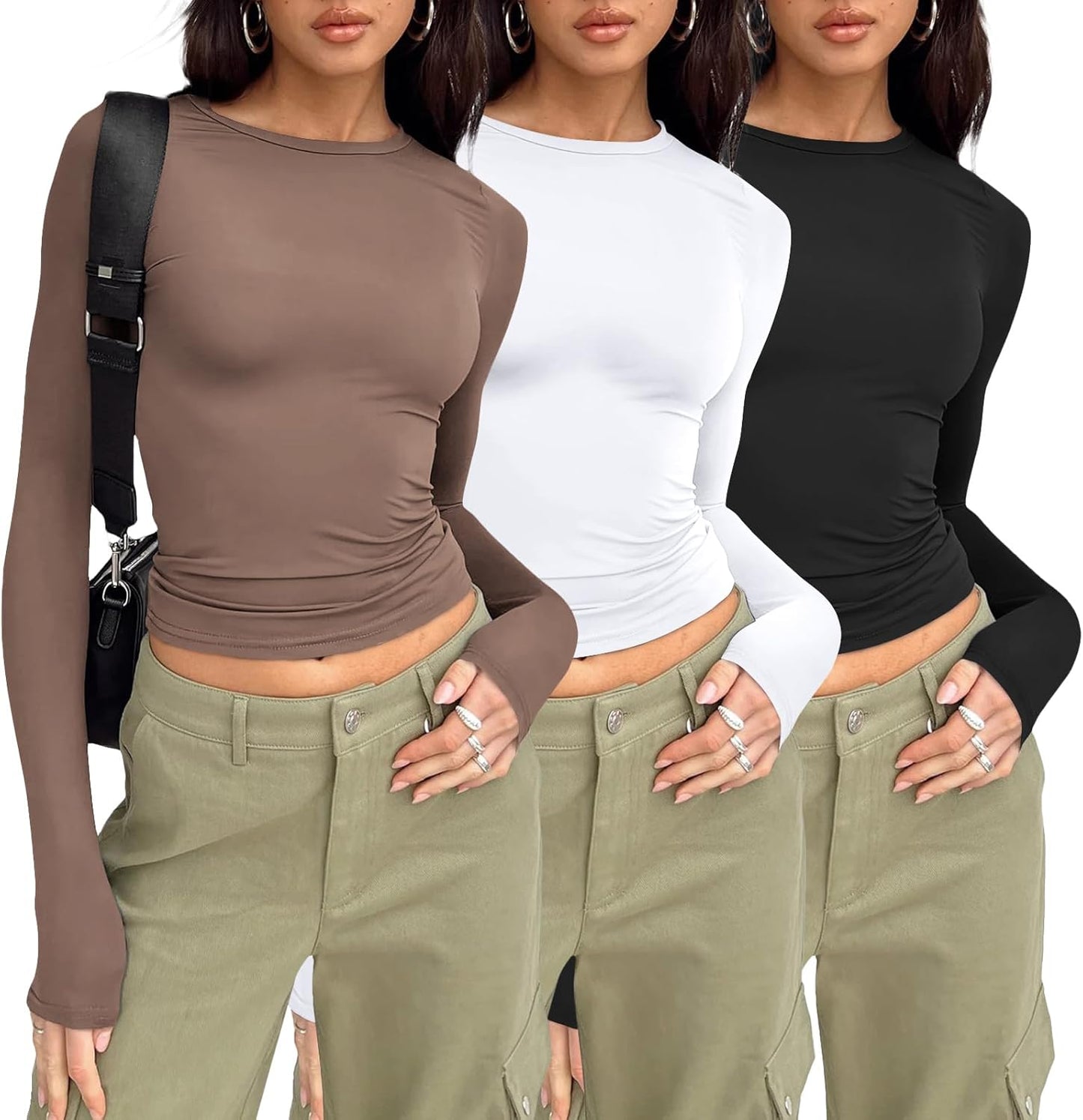 Womens Long Sleeve Shirt Basic Crop Tops Fall Fashion Underscrubs Layer Slim Fit Winter Clothes