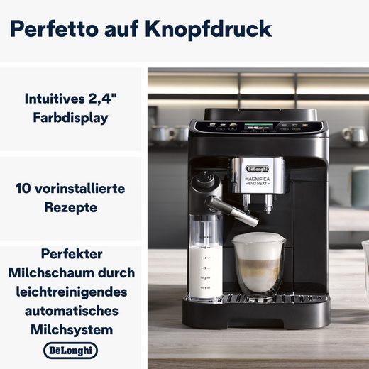 Der Kaffeevollautomat „Magnifica Evo Next“ mit der Modellbezeichnung ECAM310.60.B ermöglicht baristaartigen Kaffee per Touchbedienung und ist in der Farbe Schwarz erhältlich