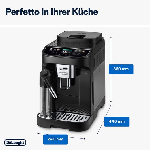 Der Kaffeevollautomat Magnifica Evo Next“ mit der Modellbezeichnung ECAM310.60.B ermöglicht baristaartigen Kaffee per Touchbedienung und ist in der Farbe Schwarz erhältlich